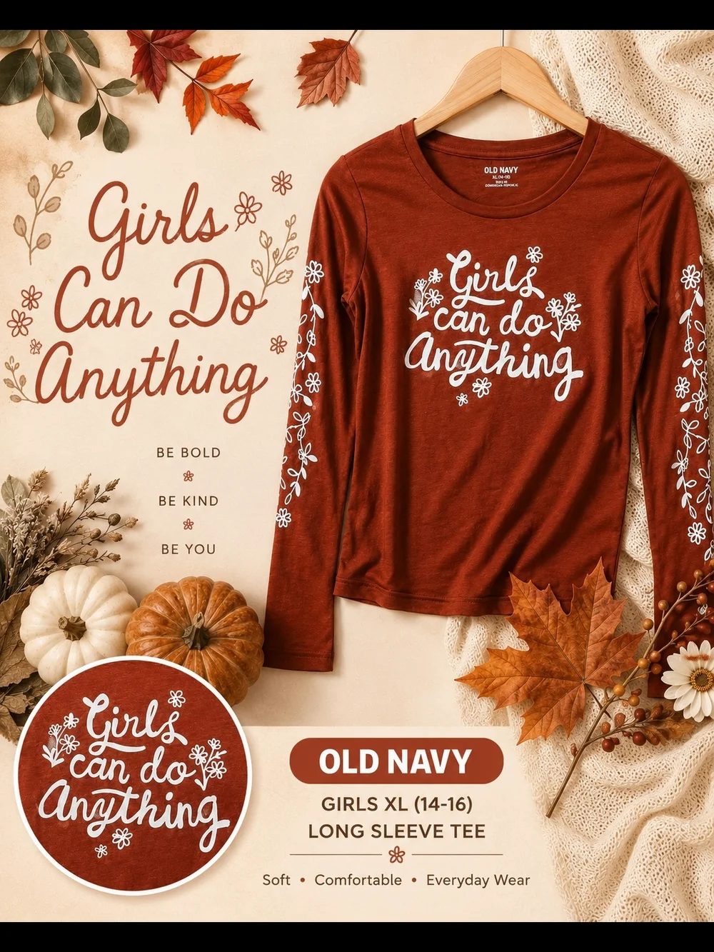 Old Navy Girls Long-Sleeve Tee in Rust with White Floral Script XL 14-16